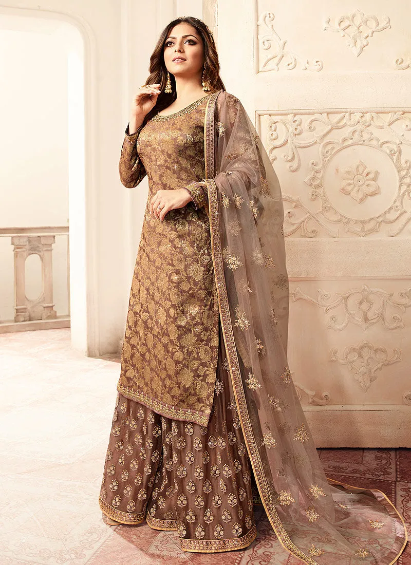 Light Brown Tradition Embroidered Wedding Sharara