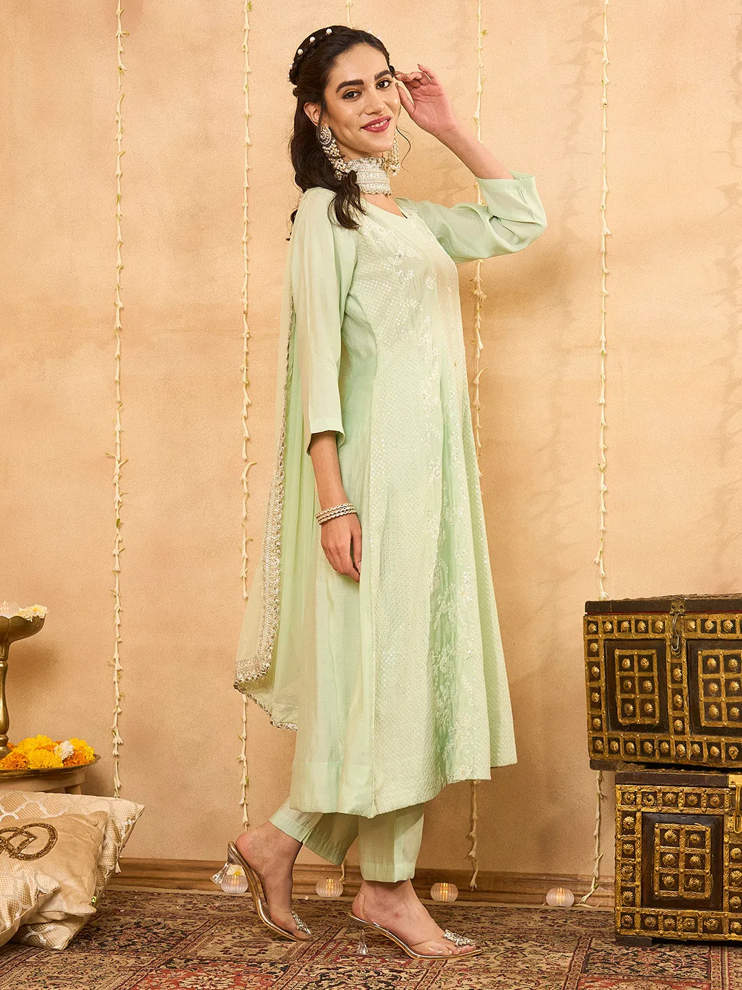 Light Green Chanderi Silk Suit Set for Women Comfort Fit Online - Zola