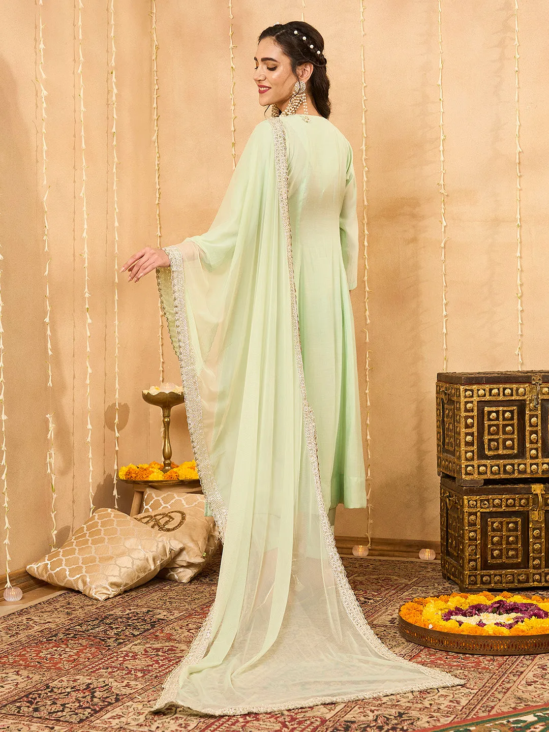 Light Green Chanderi Silk Suit Set for Women Comfort Fit Online - Zola