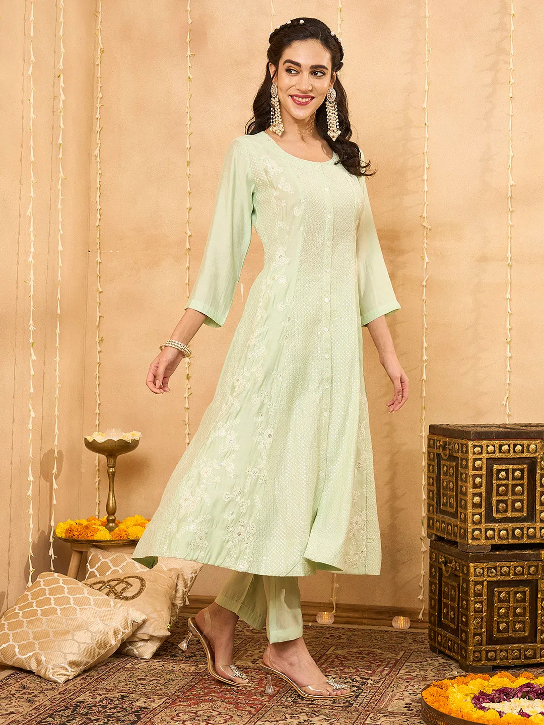 Light Green Chanderi Silk Suit Set for Women Comfort Fit Online - Zola