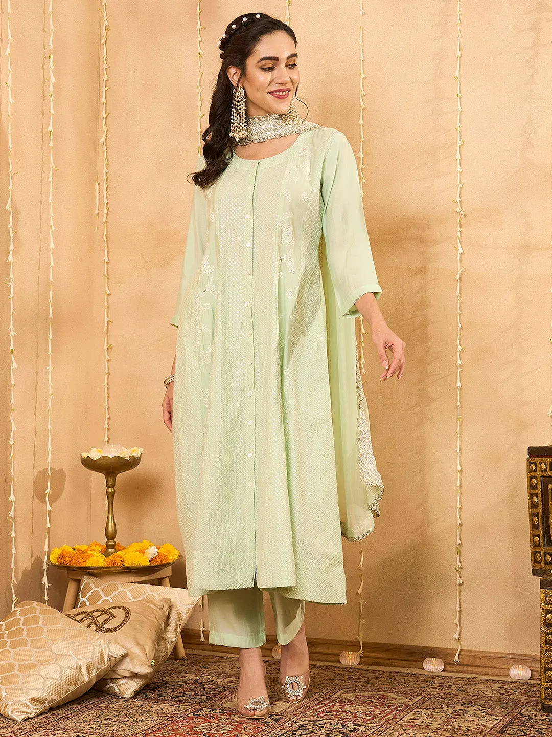 Light Green Chanderi Silk Suit Set for Women Comfort Fit Online - Zola