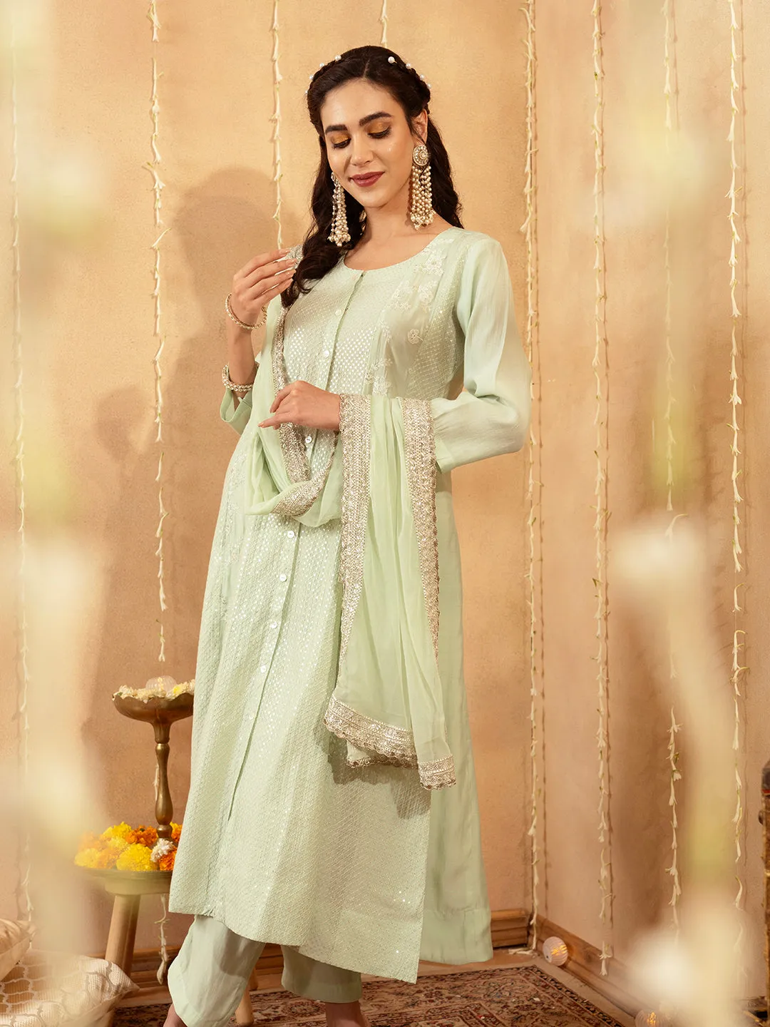 Light Green Chanderi Silk Suit Set for Women Comfort Fit Online - Zola