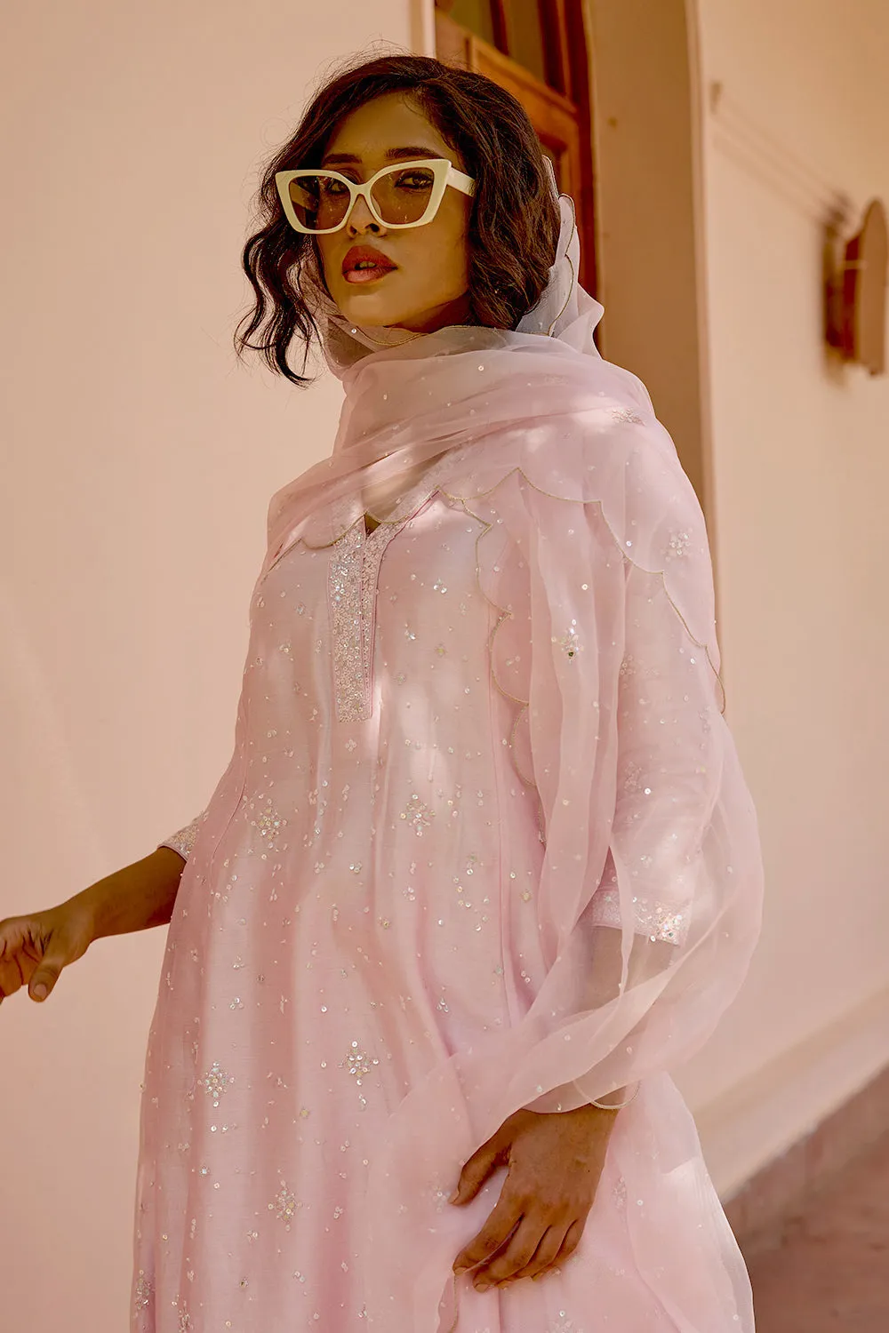 Light Pink Sequin Hand Embroidered Silk Kali Kurta Set