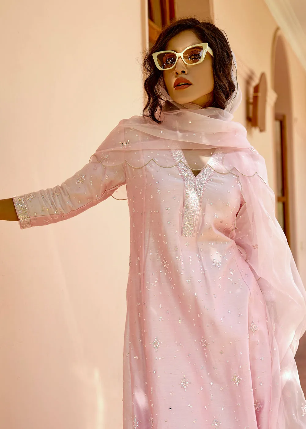 Light Pink Sequin Hand Embroidered Silk Kali Kurta Set