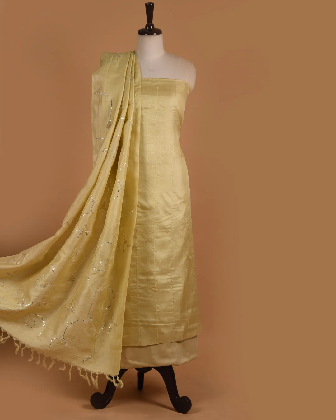 Lime Green Tussar Embroidered Unstitched Suit Fabric Set With Tussar Silk Embroidered Dupatta