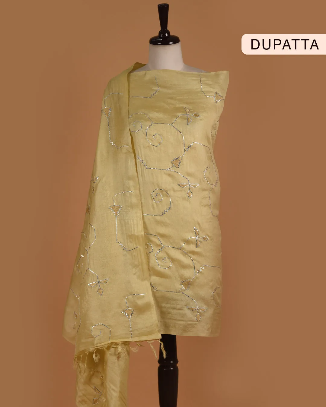 Lime Green Tussar Embroidered Unstitched Suit Fabric Set With Tussar Silk Embroidered Dupatta