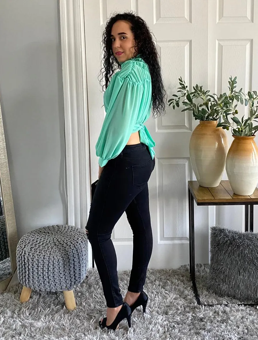 Long Sleeve Crop Top Tie Back High Neck