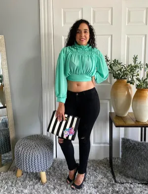 Long Sleeve Crop Top Tie Back High Neck