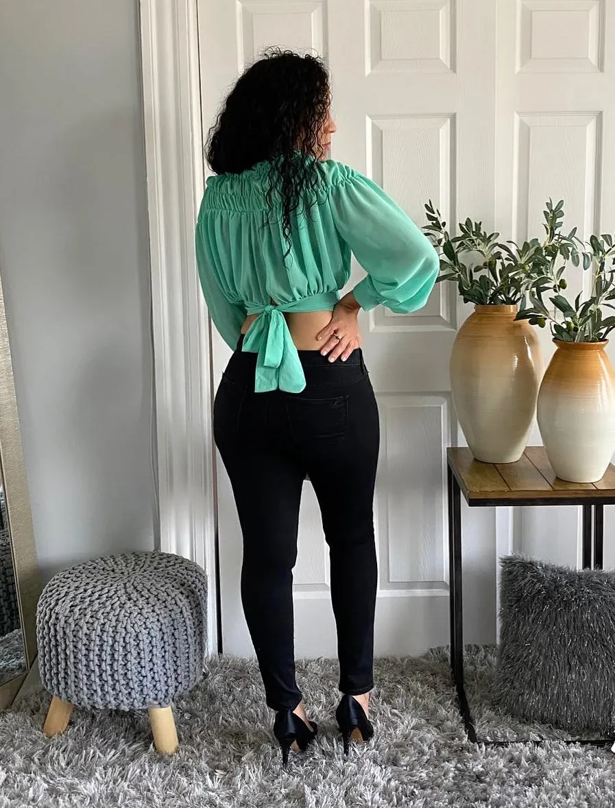 Long Sleeve Crop Top Tie Back High Neck