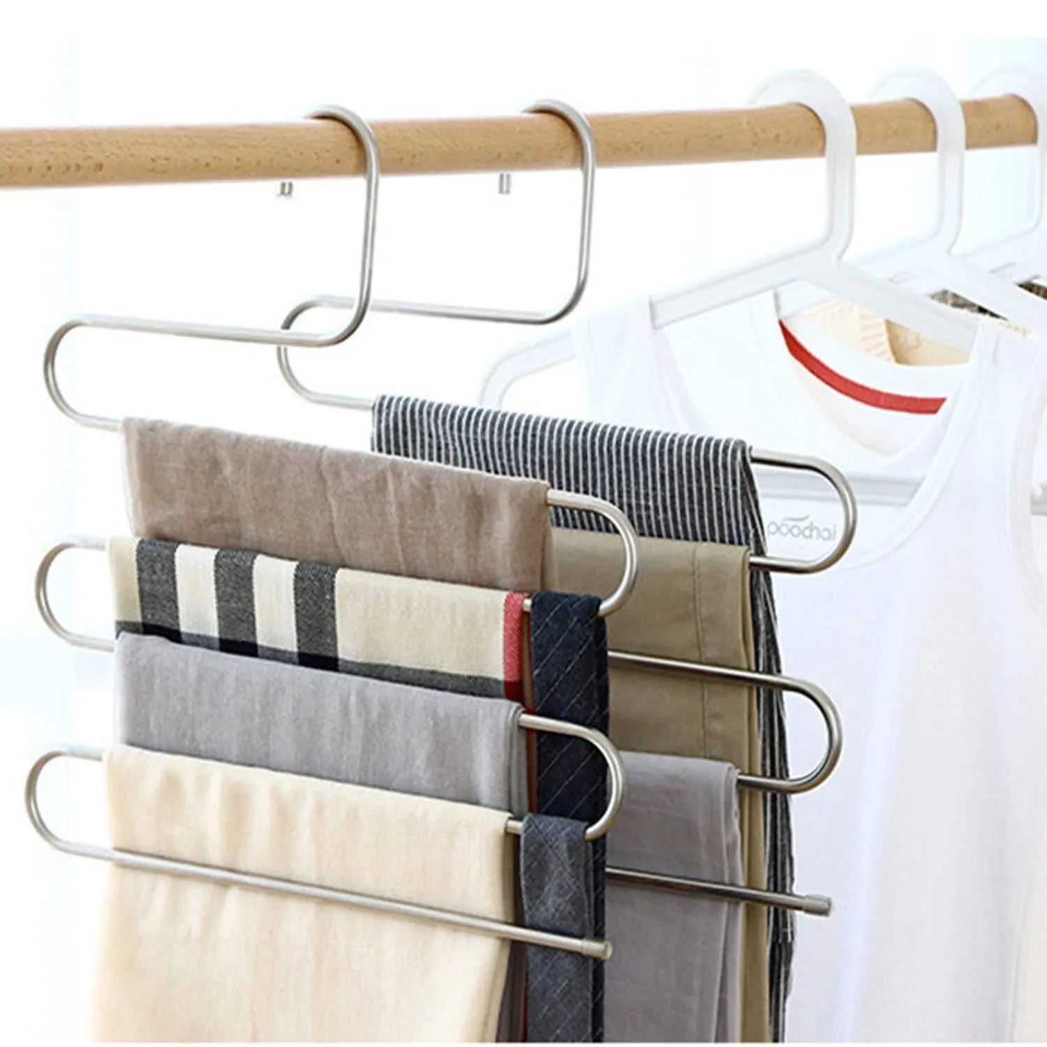 Lucky life 4 Pack Pants Hangers S Shape Stainless Steel Cloth Hangers Space Saving Organizer for Jeans Pants Scarf