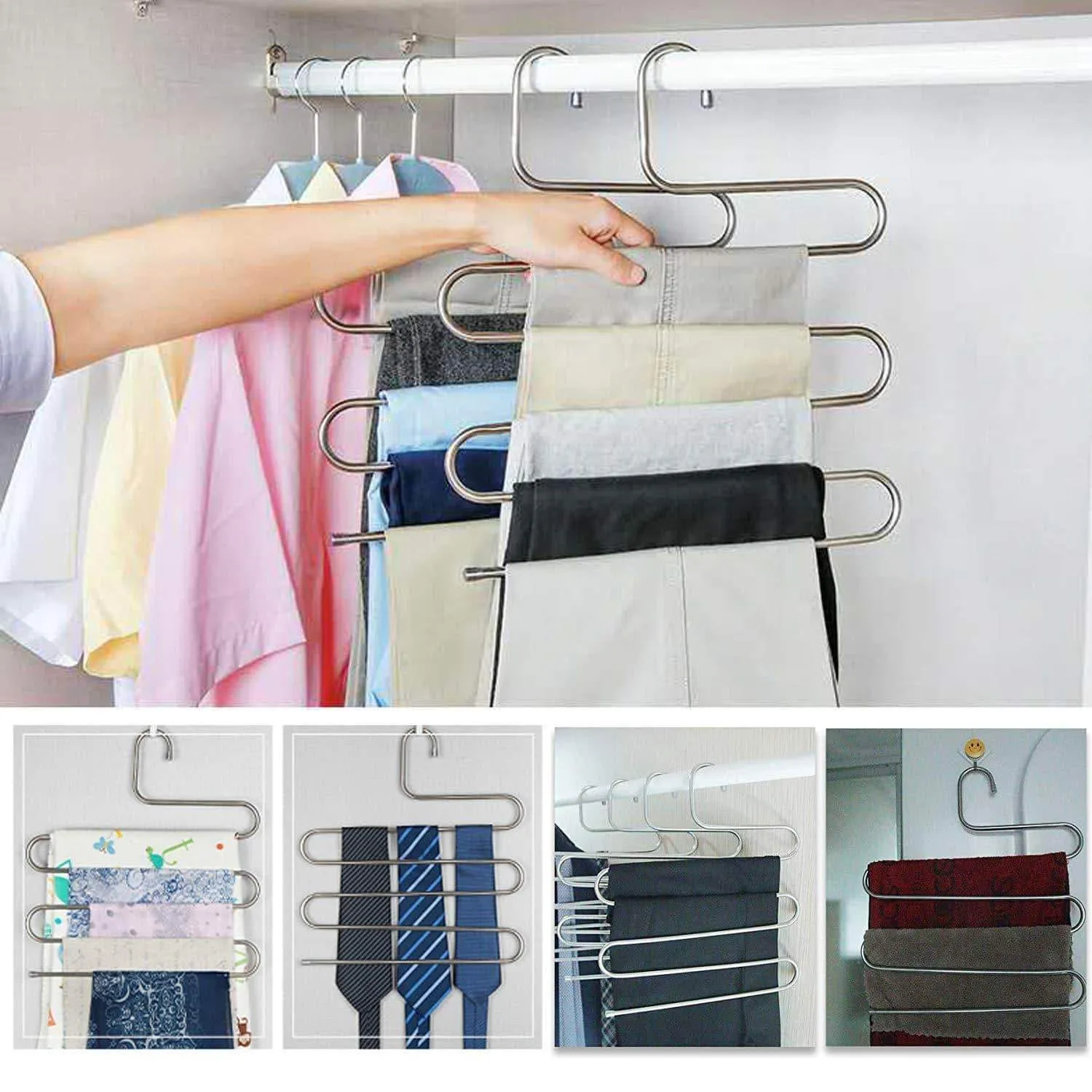 Lucky life 4 Pack Pants Hangers S Shape Stainless Steel Cloth Hangers Space Saving Organizer for Jeans Pants Scarf