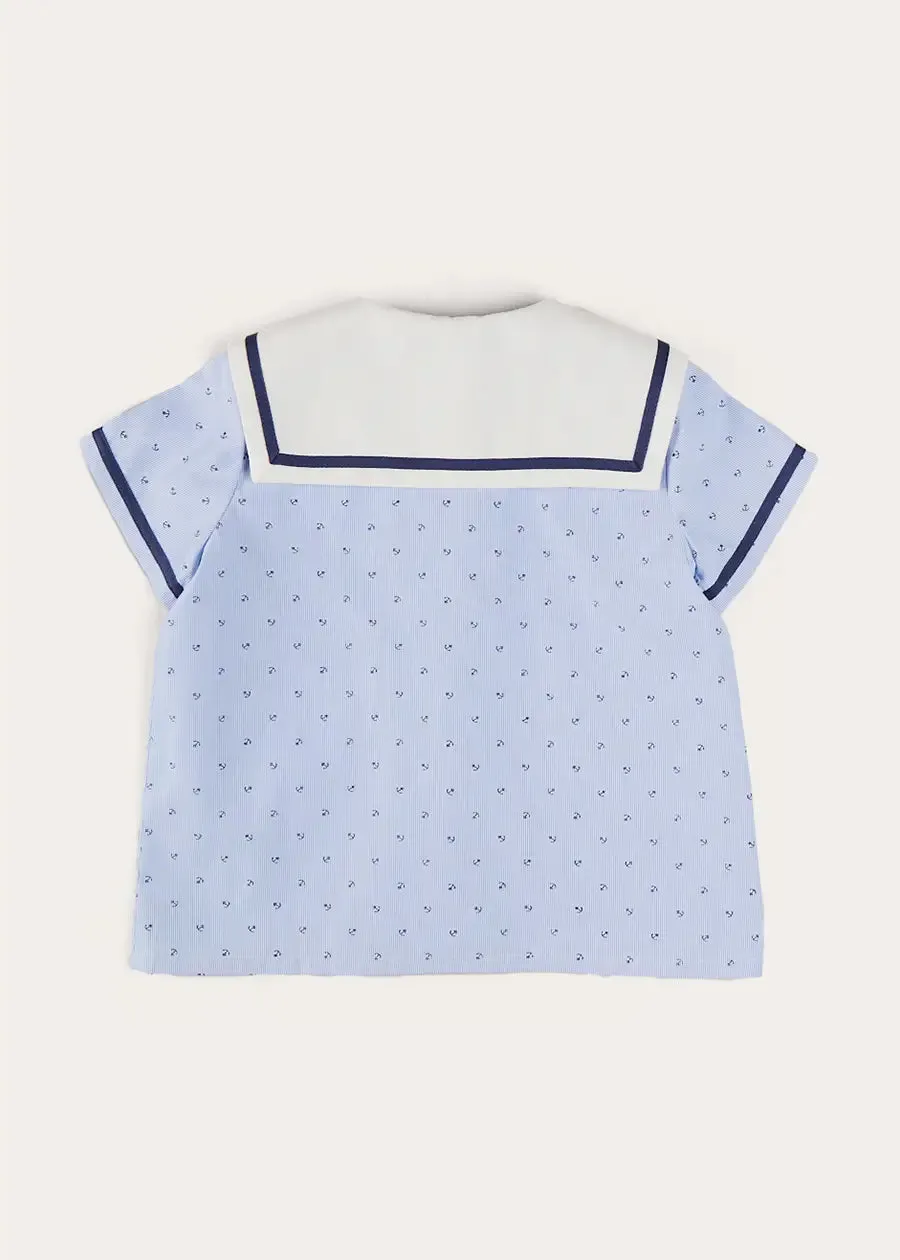 Lyall Stripe Anchor Motif Mariner Collar Short Sleeve Shirt in Blue (12mths-6yrs)