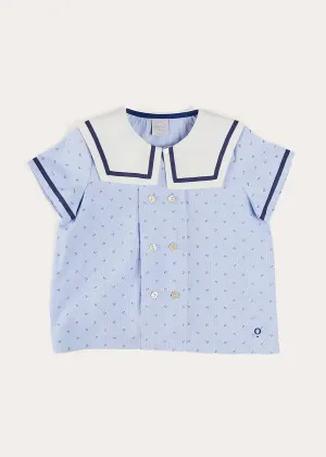 Lyall Stripe Anchor Motif Mariner Collar Short Sleeve Shirt in Blue (12mths-6yrs)