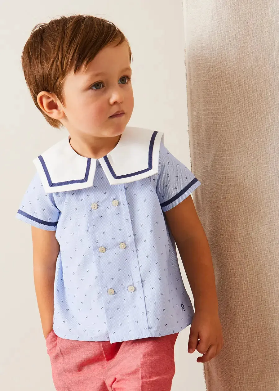Lyall Stripe Anchor Motif Mariner Collar Short Sleeve Shirt in Blue (12mths-6yrs)