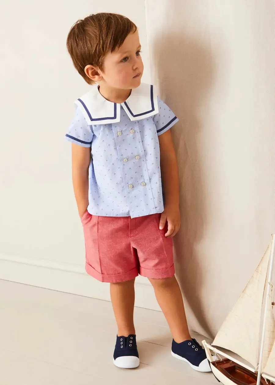 Lyall Stripe Anchor Motif Mariner Collar Short Sleeve Shirt in Blue (12mths-6yrs)