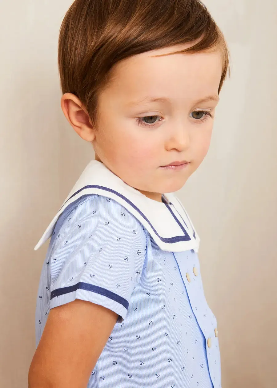 Lyall Stripe Anchor Motif Mariner Collar Short Sleeve Shirt in Blue (12mths-6yrs)