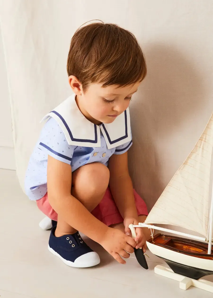 Lyall Stripe Anchor Motif Mariner Collar Short Sleeve Shirt in Blue (12mths-6yrs)