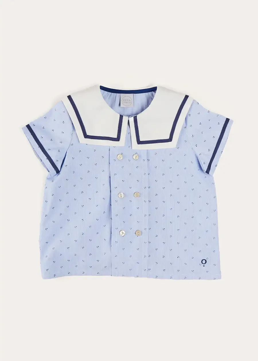 Lyall Stripe Anchor Motif Mariner Collar Short Sleeve Shirt in Blue (12mths-6yrs)