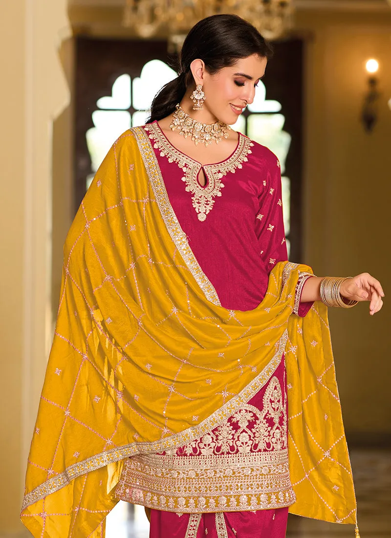 Magenta And Yellow Traditional Embroidery Punjabi Suit