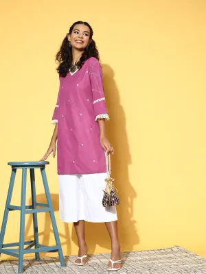 Magenta Cotton Blend Mirror Work Straight Short Kurta