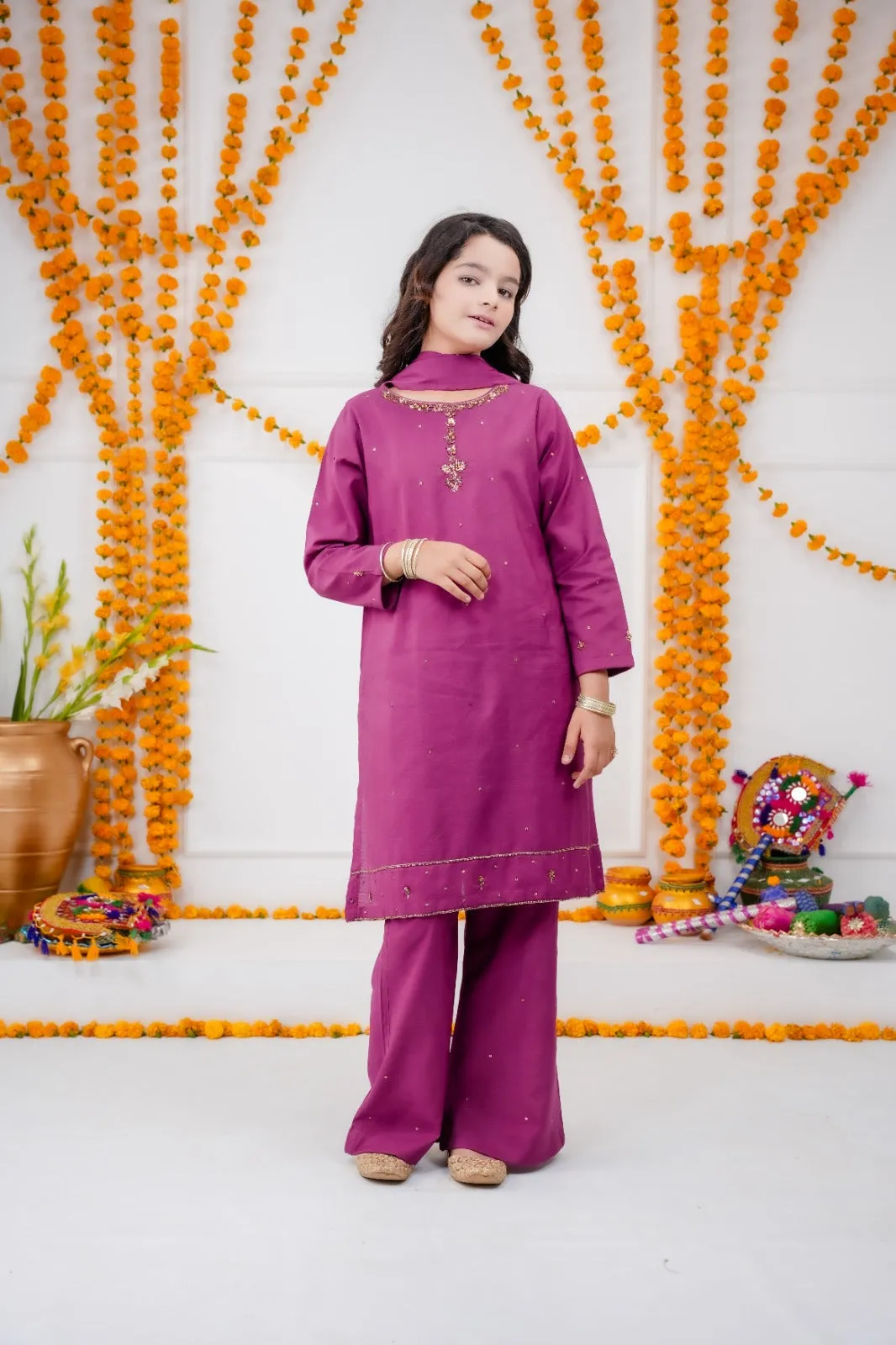 Magenta Raw Silk Kids Ensemble 3-piece stitched