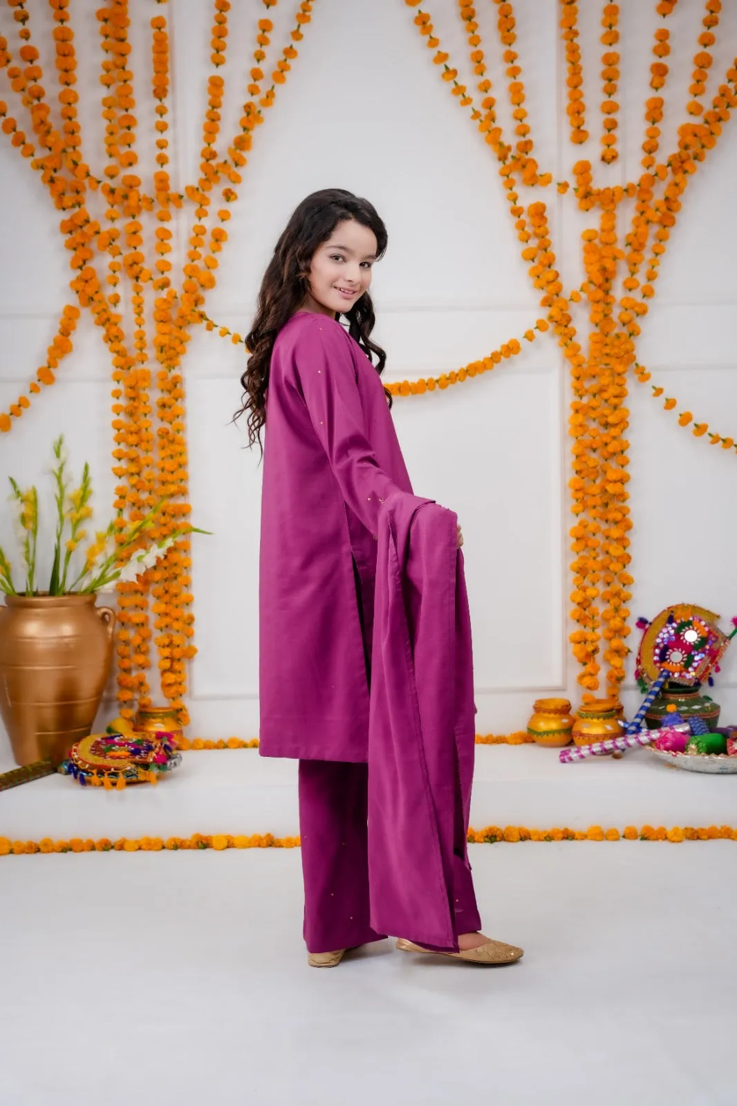 Magenta Raw Silk Kids Ensemble 3-piece stitched
