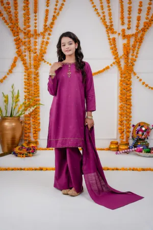 Magenta Raw Silk Kids Ensemble 3-piece stitched