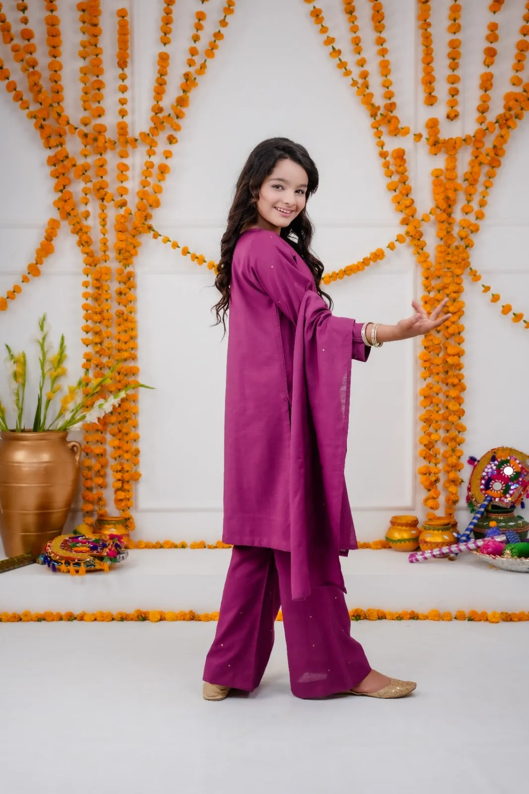 Magenta Raw Silk Kids Ensemble 3-piece stitched