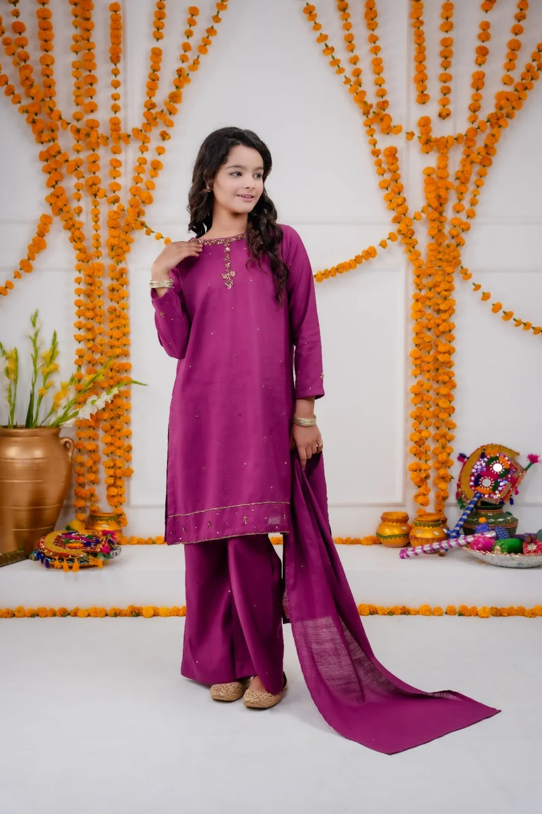 Magenta Raw Silk Kids Ensemble 3-piece stitched