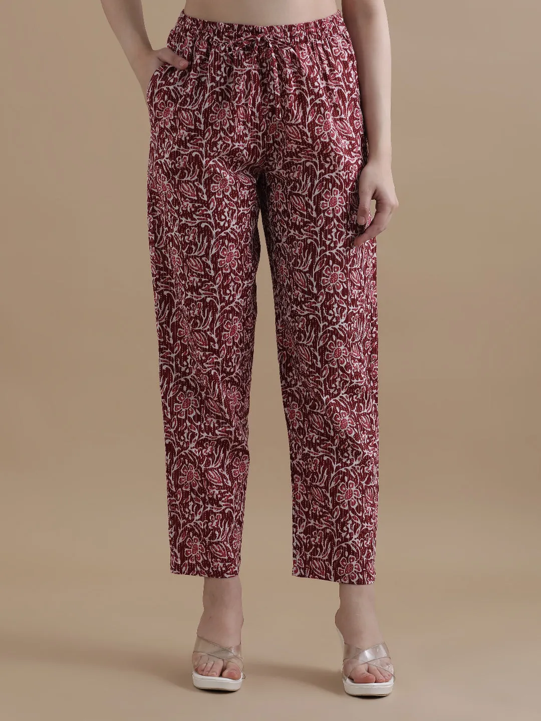 Maroon Floral Printed Kantha Work Pure Cotton Kurta With Pant & Chiffon Dupatta