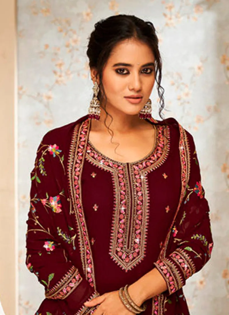 Maroon Multi Embroidery Traditional Palazzo Suit