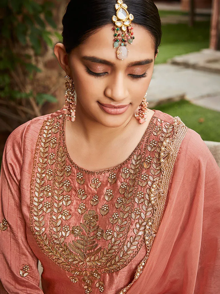 Mauve Straight Zardosi Work Kurta With Sharara And Organza Dupatta