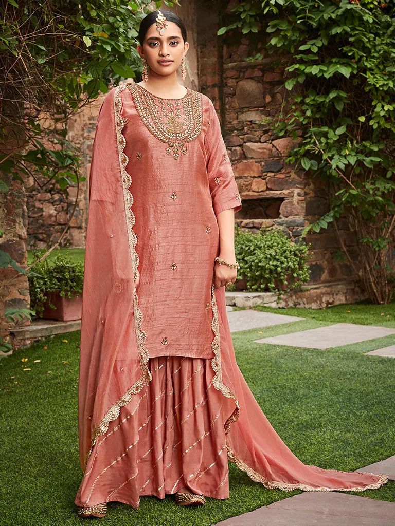 Mauve Straight Zardosi Work Kurta With Sharara And Organza Dupatta