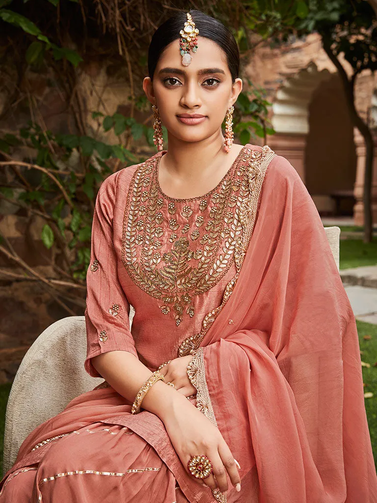 Mauve Straight Zardosi Work Kurta With Sharara And Organza Dupatta