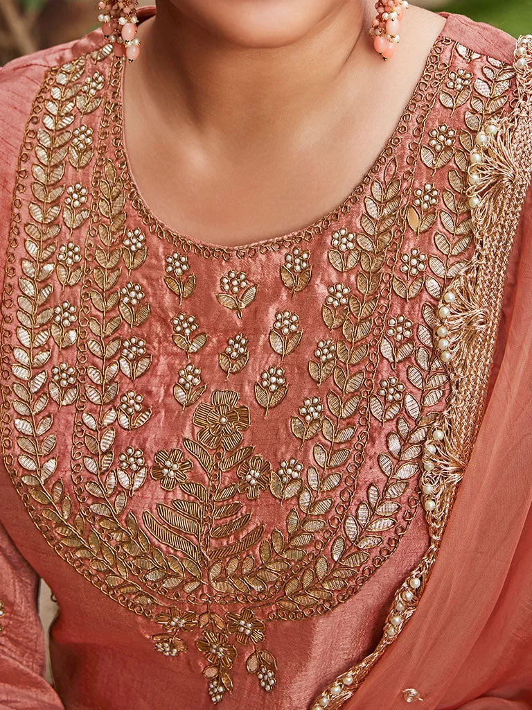 Mauve Straight Zardosi Work Kurta With Sharara And Organza Dupatta