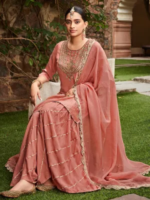 Mauve Straight Zardosi Work Kurta With Sharara And Organza Dupatta