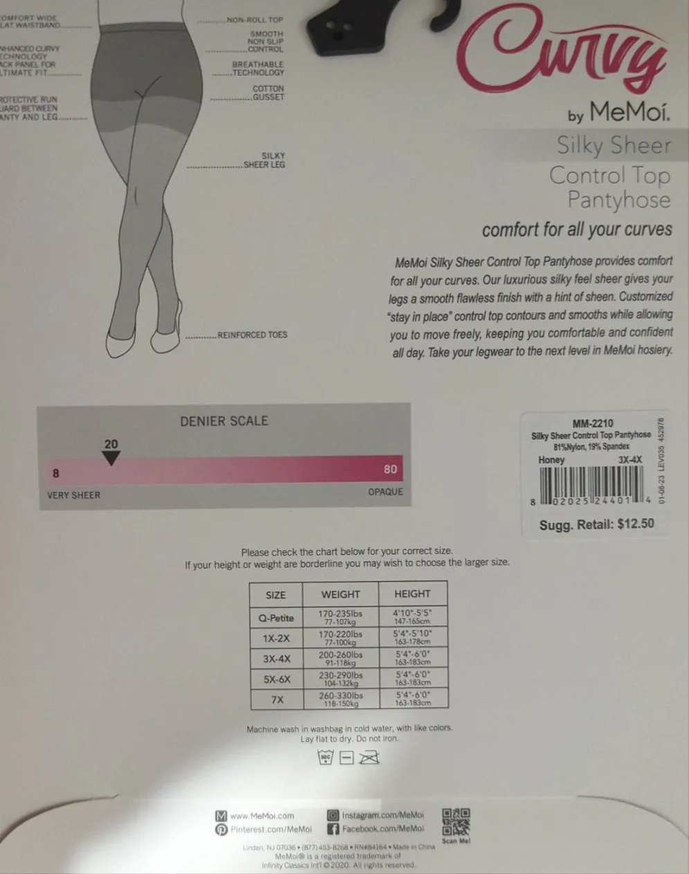 Memoi Curvy Silky Sheer Control Top 20 Denier Stockings - Honey MM-2210
