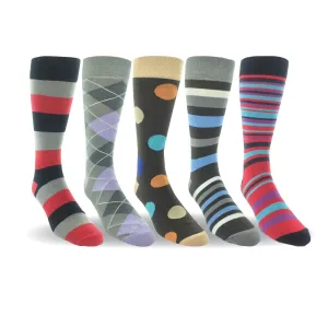 Men 5 Pairs Cotton Crew Dress Socks Patterned Flat Knit