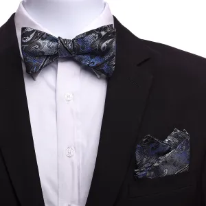 Men's Light Blue Black Silk Self Bow Tie