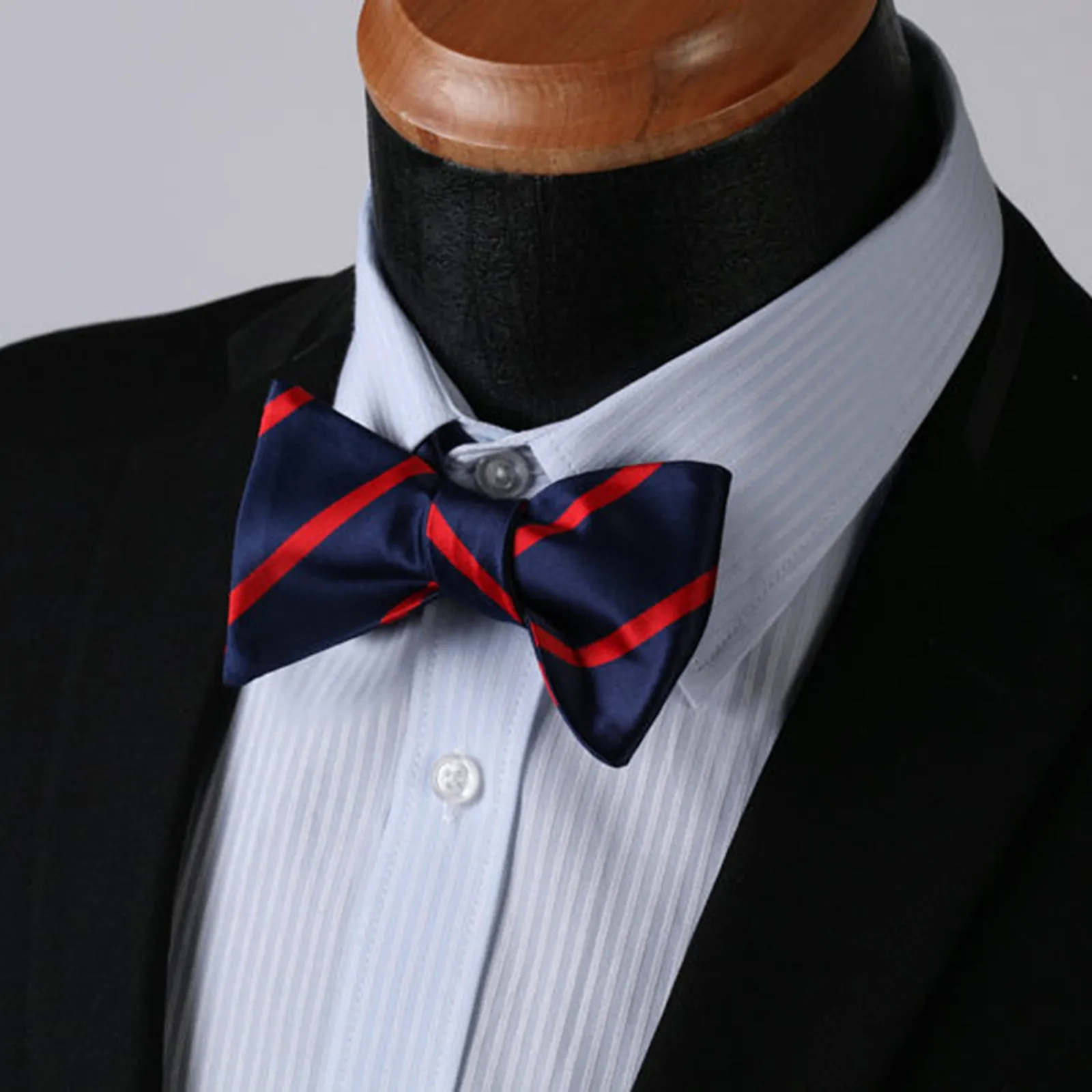 Mens Navy Blue & Red Stripes Check Silk Self tie Bow Tie with Pocket Squares Set