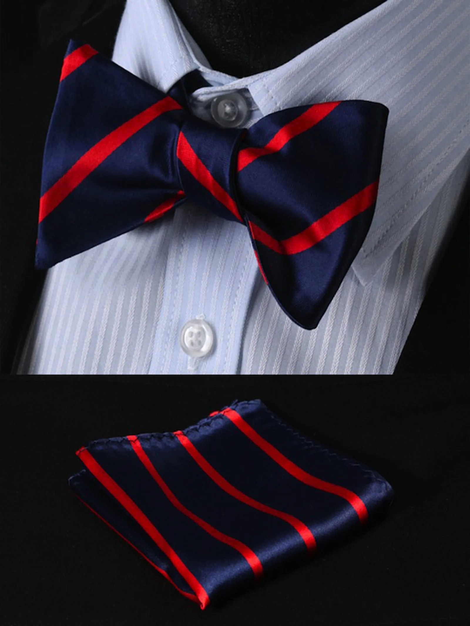 Mens Navy Blue & Red Stripes Check Silk Self tie Bow Tie with Pocket Squares Set