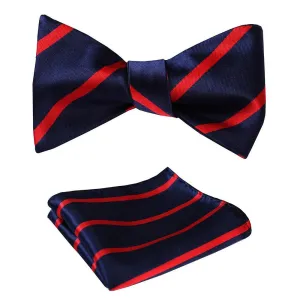 Mens Navy Blue & Red Stripes Check Silk Self tie Bow Tie with Pocket Squares Set