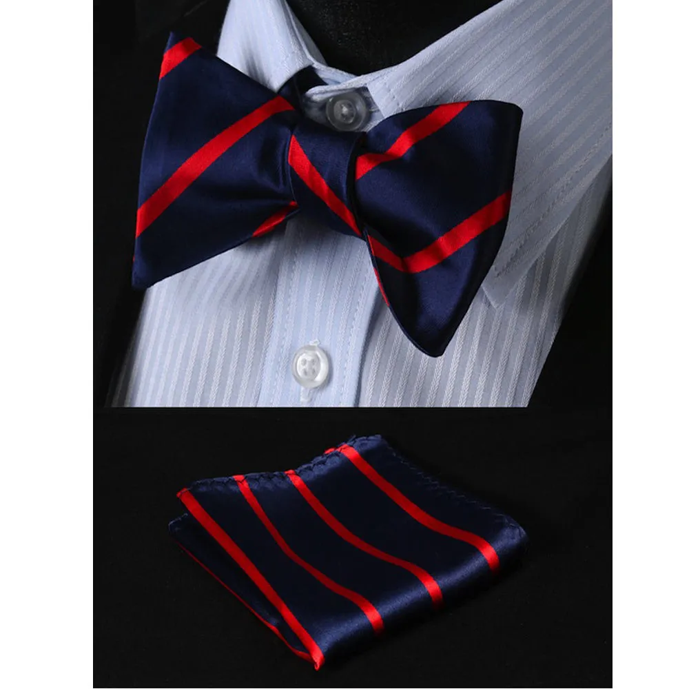 Mens Navy Blue & Red Stripes Check Silk Self tie Bow Tie with Pocket Squares Set