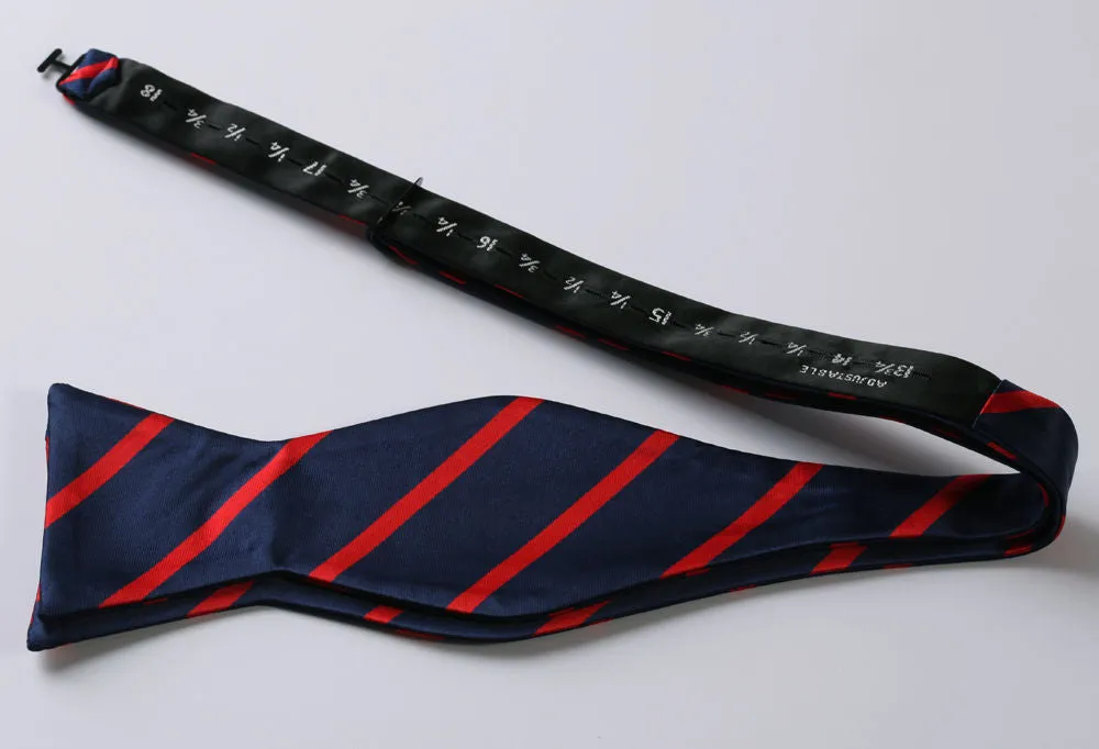 Mens Navy Blue & Red Stripes Check Silk Self tie Bow Tie with Pocket Squares Set