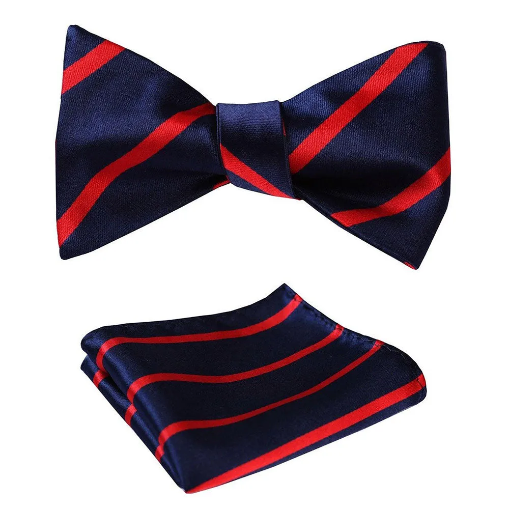 Mens Navy Blue & Red Stripes Check Silk Self tie Bow Tie with Pocket Squares Set