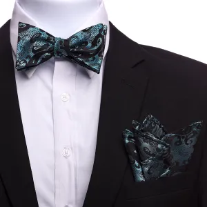 Men's Turqoise And Black Silk Self Bow Tie