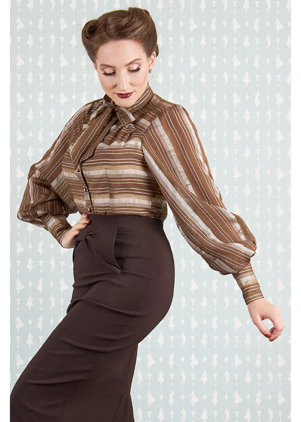 Miss Candyfloss Fulande Mocha Stripe 40's Blouse Dark Brown