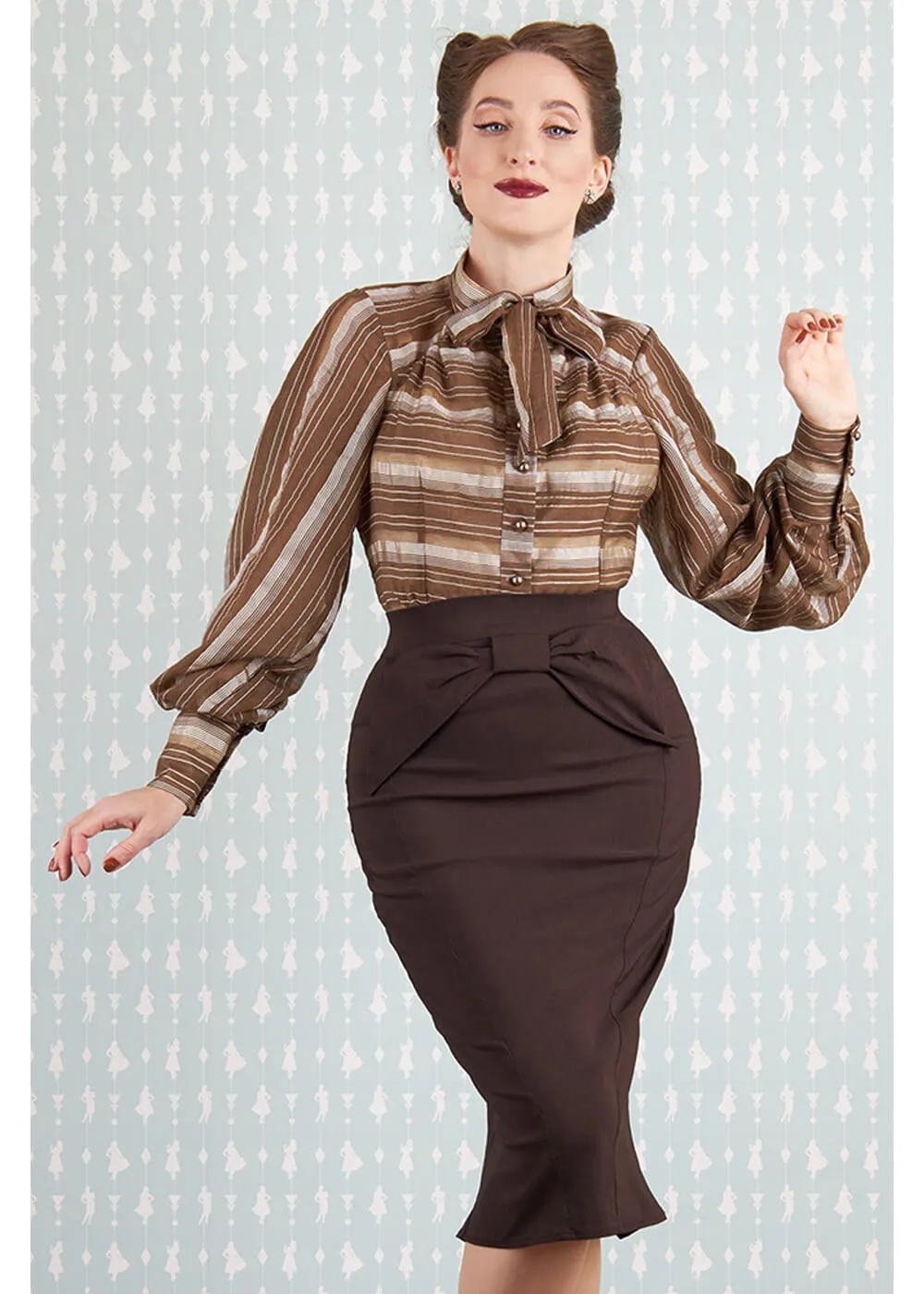 Miss Candyfloss Fulande Mocha Stripe 40's Blouse Dark Brown