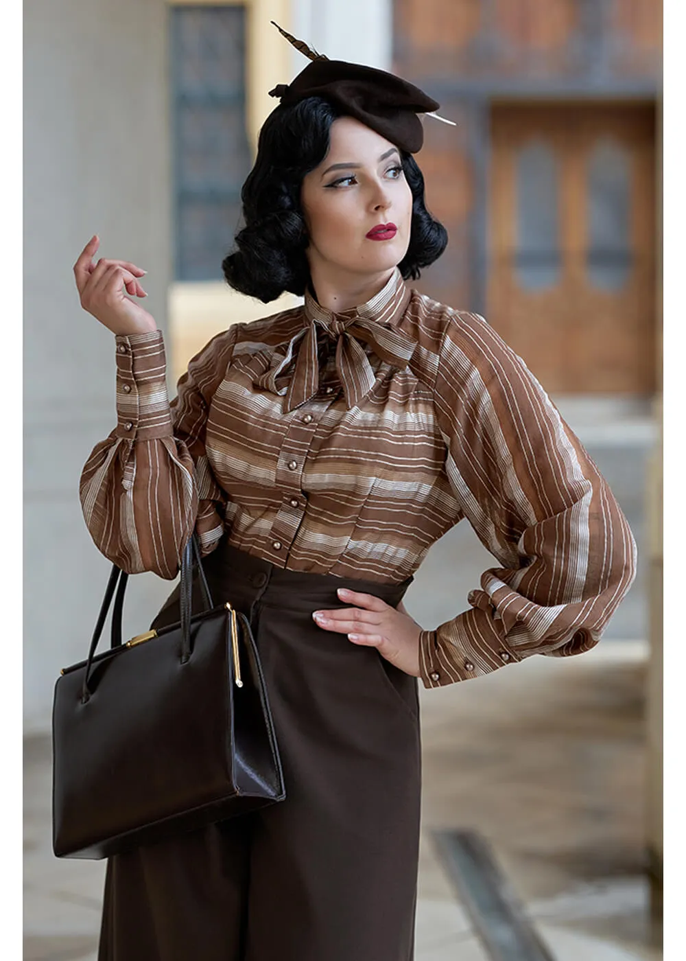 Miss Candyfloss Fulande Mocha Stripe 40's Blouse Dark Brown