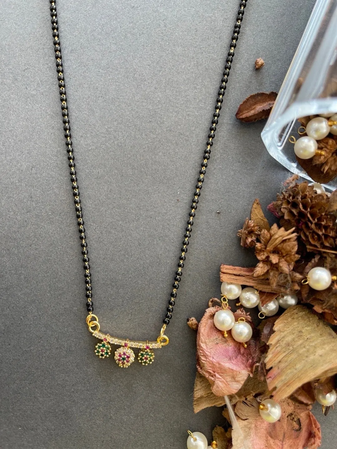 Modern Short American Diamond Mangalsutra Multi Color Mini Flower Designs Simple Black Beads Chain